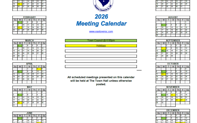 2026 Town of Eastover Meeting Calendar